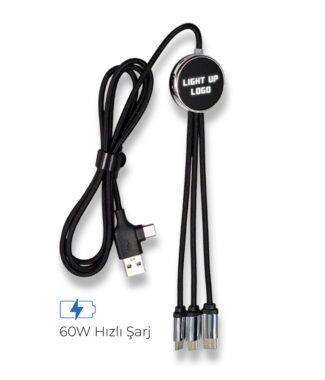 KL50 Işıklı Logo 60W Hızlı Type-C Uçlu Data Transferli Şarj Kablosu